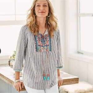 J. JILL LOVE LINEN STRIPED EMBROIDERED TASSLE BOHO PEASANT TUNIC TOP sz XS EUC